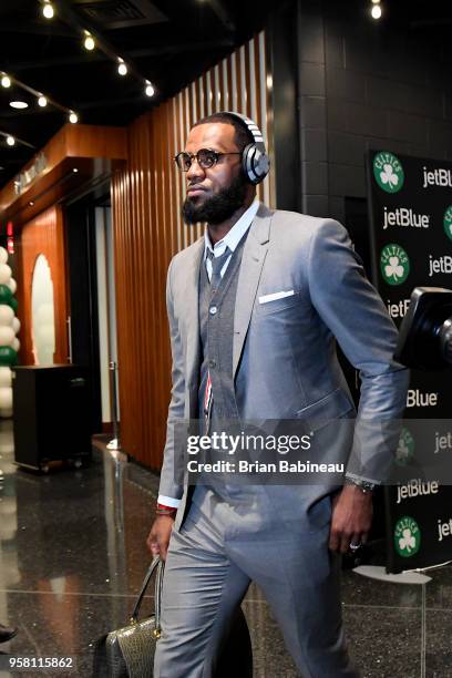 LeBron James of the Cleveland Cavaliers arrives to the arena prior to Game One of the Eastern Conference Finals of the 2018 NBA Playoffs against the...