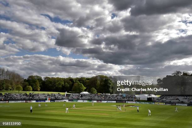 General view of Ireland's second innings during the third day of the test cricket match between Ireland and Pakistan on May 13, 2018 in Malahide,...
