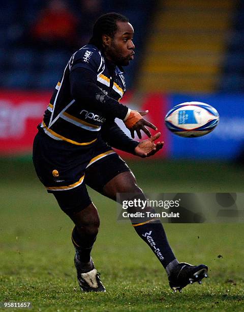 Marcel Garvey of Worcester Warriors pases the ball during the Amlin Challenge Cup match between Worcester Warriors and Olympus Madrid at Sixways...