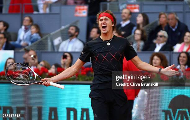 Alexander Zverev of Germany celebrates match point against Dominic Thiem of Austria in the mens final during day nine of the Mutua Madrid Open tennis...