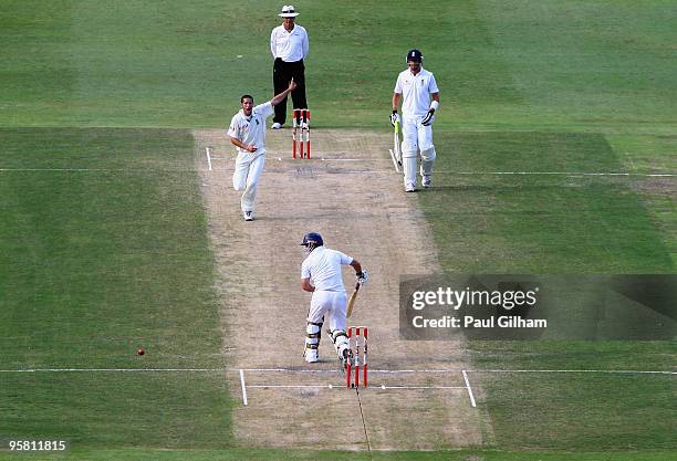 Wayne Parnell of South Africa celebrates taking the wicket of Andrew Strauss of England for lbw and 22 runs during day three of the fourth test match...