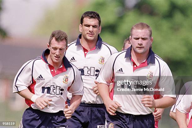 Rob Howley, Captain Martin Johnson and Phil Vickery in action during a British Lions training session at Aldershot Rugby Club. \ Mandatory Credit:...