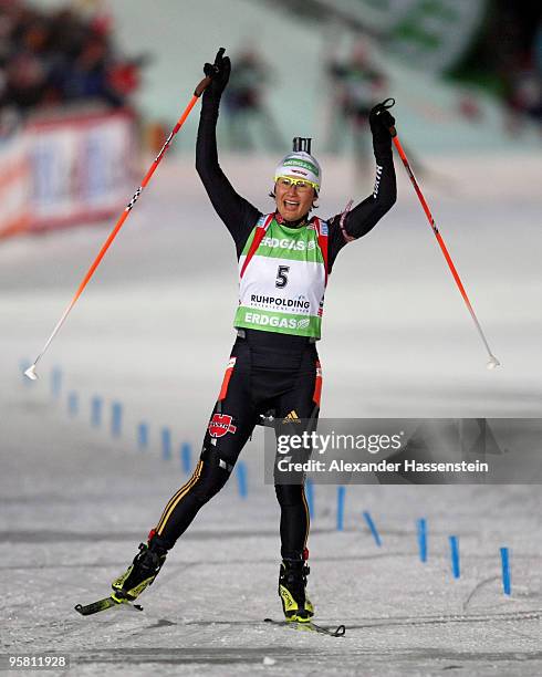 Simone Hauswald of Germany celebrates winning the second place of the Women Mass Start in the e.on Ruhrgas IBU Biathlon World Cup on January 16, 2010...