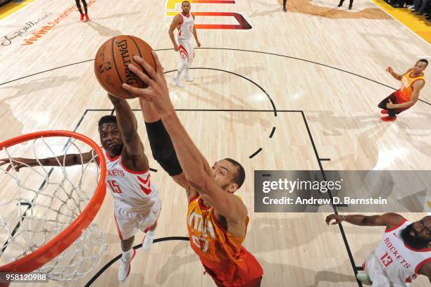 Clint Capela of the Houston Rockets blocks the shot by Rudy Gobert of the Utah Jazz during Game Three of the Western Conference Semifinals of the...