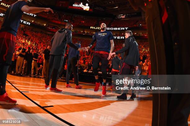 Rudy Gobert of the Utah Jazz is introduced against the Houston Rockets during Game Three of the Western Conference Semifinals of the 2018 NBA...