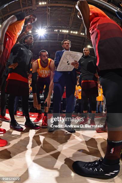 Head Coach Quin Snyder of the Utah Jazz works on a play with the team against the Houston Rockets during Game Three of the Western Conference...