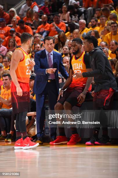 Head Coach Quin Snyder of the Utah Jazz talks with team members during Game Three of the Western Conference Semifinals of the 2018 NBA Playoffs...