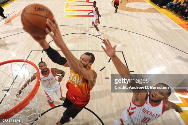 Rudy Gobert of the Utah Jazz dunks the ball against the Houston Rockets during Game Three of the Western Conference Semifinals of the 2018 NBA...