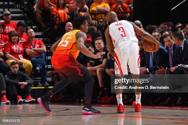 Chris Paul of the Houston Rockets handles the ball against Donovan Mitchell of the Utah Jazz during Game Three of the Western Conference Semifinals...