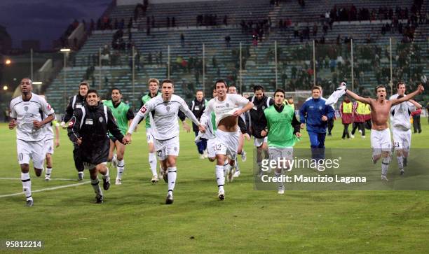 Players of AC Cesena celebrate victory after the Serie B match between Reggina and Cesena at Stadio Oreste Granillo on January 16, 2010 in Reggio...