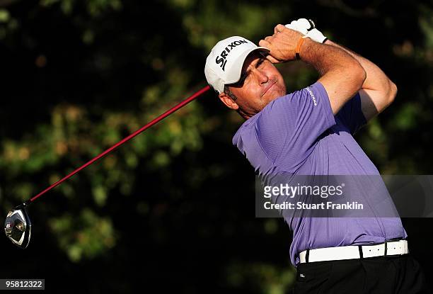 Hennie Otto of South Africa plays his tee shot on the 18th hole during the third round of the Joburg Open at Royal Johannesburg and Kensington Golf...