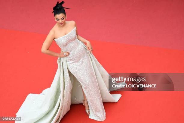 Indian actress and model Aishwarya Rai Bachchan poses as she arrives on May 13, 2018 for the screening of the film "Sink Or Swim " at the 71st...