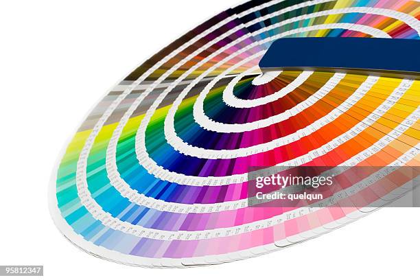 angled view of paint strips arranged in a color wheel - printing out stock pictures, royalty-free photos & images