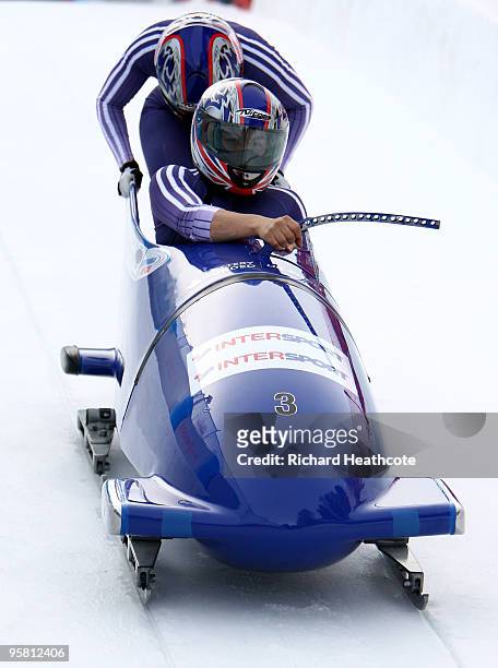 Nicola Minichiello and Gillian Cooke of Great Britian in action during the women's FIBT Bobsliegh World Cup round 7 race at the Olympia Bobrun on...