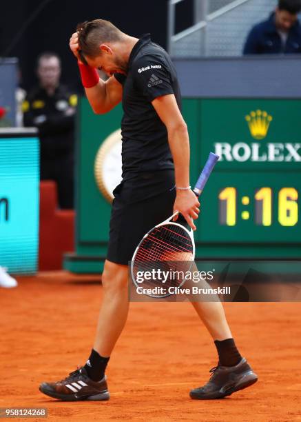 Dominic Thiem of Austria shows his frustration during his straight sets defeat by Alexander Zverev of Germany in the mens final during day nine of...