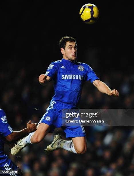 Joe Cole of Chelsea heads the ball during the Barclays Premier League match between Chelsea and Sunderland at Stamford Bridge on January 16, 2010 in...