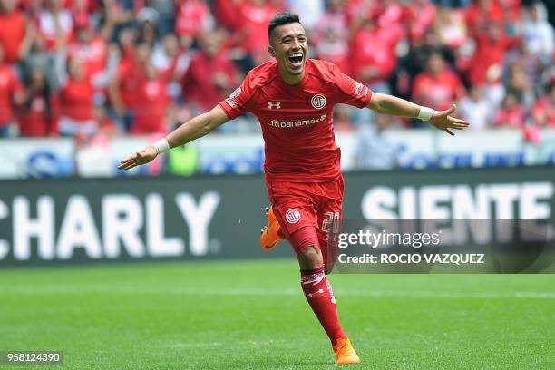 Fernando Uribe of Toluca celebrates after scoring his second goal against Tijuana, during their Mexican Clausura 2018 tournament semi final football...