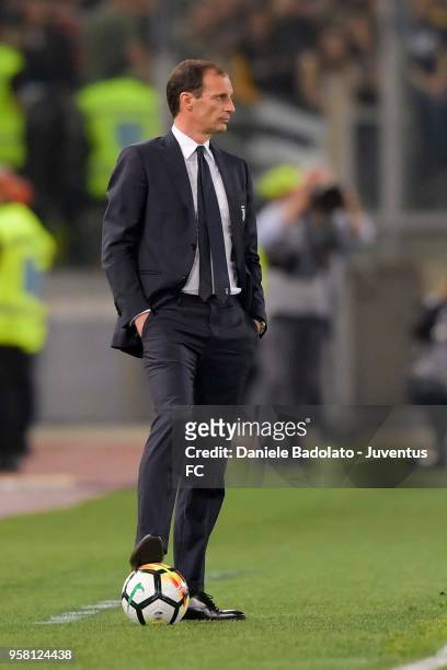 Head coach of Juventus Massimiliano Allegri looks on during the serie A match between AS Roma and Juventus at Stadio Olimpico on May 13, 2018 in...