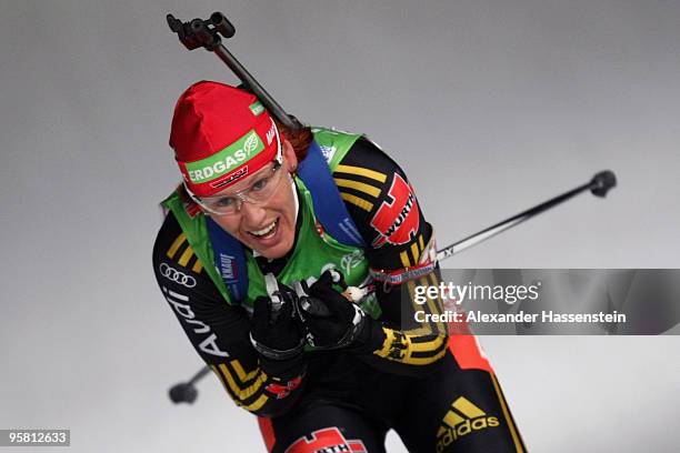 Kati Wilhelm of Germany competes during the Women Mass Start in the e.on Ruhrgas IBU Biathlon World Cup on January 16, 2010 in Ruhpolding, Germany.