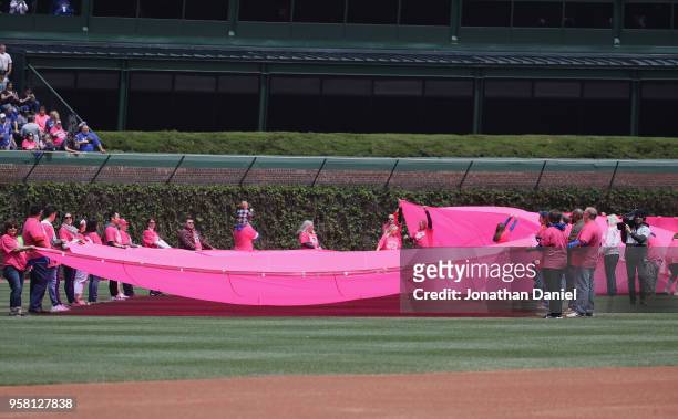 Breast cancer survivors and their families unfurl a banner before a game between the Chicago Cubs and the Chicago White Sox at Wrigley Field on May...