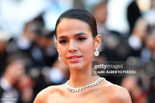 Brazilian actress Bruna Marquezine poses as she arrives on May 13, 2018 for the screening of the film "Sink Or Swim " at the 71st edition of the...