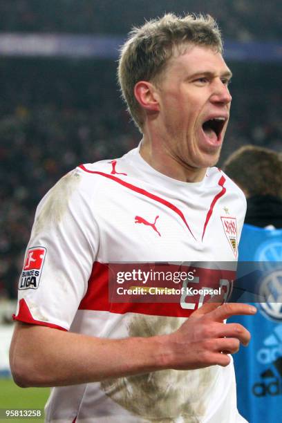 Pavel Pogrebnyak of Stuttgart celebrates the second goal during the Bundesliga match between VfB Stuttgart and VfL Wolfsburg at the Mercedes-Benz...