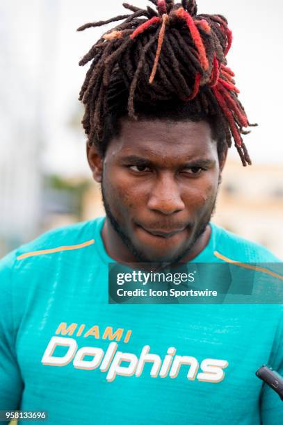 Miami Dolphins Undrafted Free Agent Running Back Buddy Howell speaks to the media during the rookie minicamp at the Miami Dolphins training camp on...