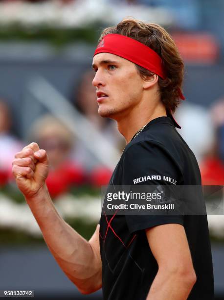 Alexander Zverev of Germany celebrates a point against Dominic Thiem of Austria in the mens final during day nine of the Mutua Madrid Open tennis...