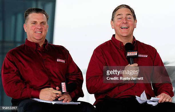 Speed TV broadcasters Steve Byrnes and John Roberts interact with race fans during NASCAR Preseason Thunder Fan Fest at Daytona International...