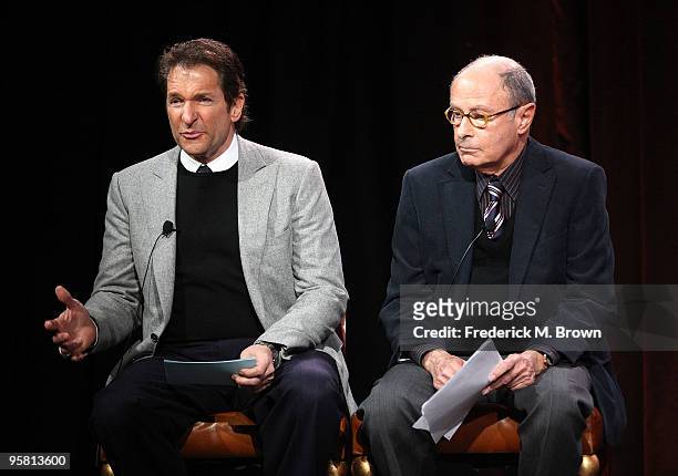 Hosts Peter Guber and Peter Bart of the television show "Encore" speak during the Starz Network portion of The 2010 Winter TCA Press Tour at the...