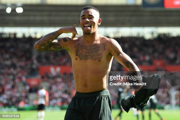 Gabriel Jesus of Manchester City celebrates after scoring the winner during the Premier League match between Southampton and Manchester City at St...