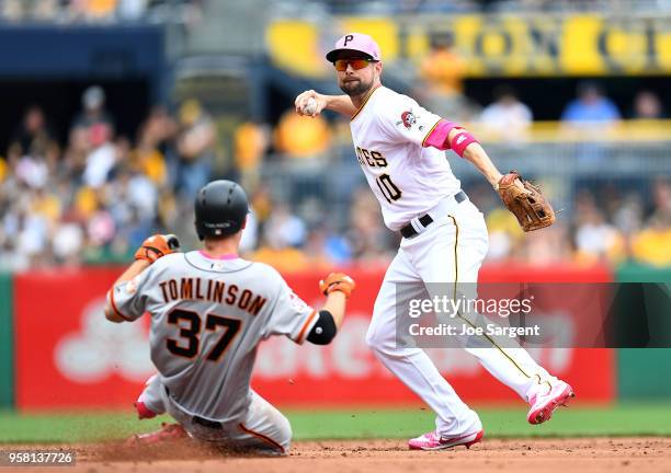 Jordy Mercer of the Pittsburgh Pirates turns a double play in front of Kelby Tomlinson of the San Francisco Giants during the third inning at PNC...