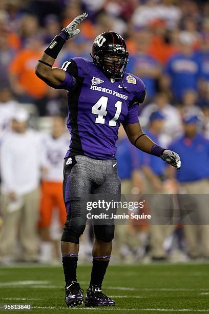 Daryl Washington of the TCU Horned Frogs reacts against the Boise State Broncos during the Tostitos Fiesta Bowl at the Universtity of Phoenix Stadium...