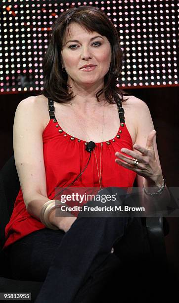 Actress Lucy Lawless of the television show "Spartacus: Blood and Sand" speaks during the Starz Network portion of The 2010 Winter TCA Press Tour at...