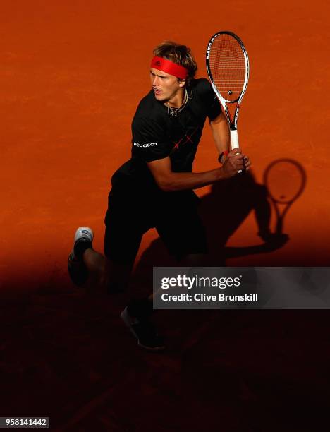 Alexander Zverev of Germany in action against Dominic Thiem of Austria in the mens final during day nine of the Mutua Madrid Open tennis tournament...