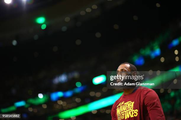 LeBron James of the Cleveland Cavaliers warms up prior to Game One of the Eastern Conference Finals against the Boston Celtics of the 2018 NBA...