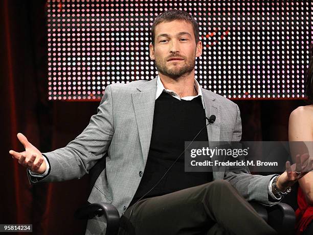 Actor Andy Whitfield of the television show "Spartacus: Blood and Sand" speaks during the Starz Network portion of The 2010 Winter TCA Press Tour at...