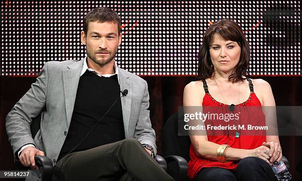 Actor Andy Whitfield and actress Lucy Lawless of the television show "Spartacus: Blood and Sand" speak during the Starz Network portion of The 2010...