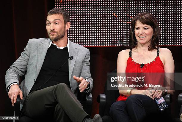 Actor Andy Whitfield and actress Lucy Lawless of the television show "Spartacus: Blood and Sand" speak during the Starz Network portion of The 2010...