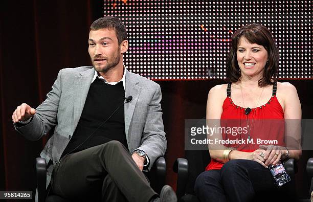 Actor Andy Whitfield and actress Lucy Lawless of the television show "Spartacus: Blood and Sand" speak during the Starz Network portion of The 2010...