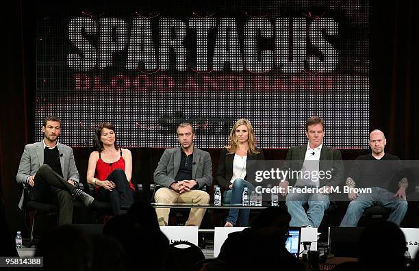 The cast of the television show "Spartacus: Blood and Sand" speak during the Starz Network portion of The 2010 Winter TCA Press Tour at the Langham...