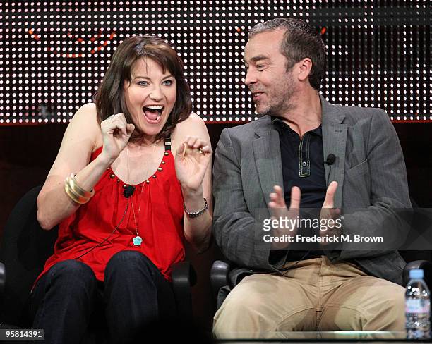 Actress Lucy Lawless and actor John Hannah of the television show "Spartacus: Blood and Sand" speak during the Starz Network portion of The 2010...