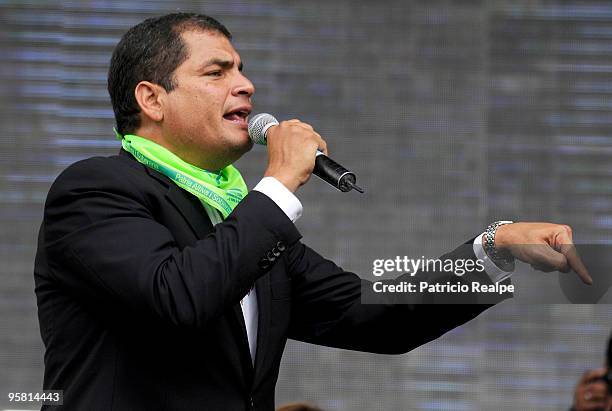 President of Ecuador Rafael Correa speaks during a gathering to celebrate three years of government on January 16, 2010 in Quito, Ecuador.