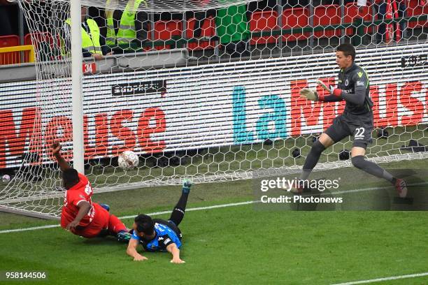 Ethan Horvath goalkeeper of Club Brugge, Paul-Jose Mpoku forward of Standard Liege scores a goal canceled the Jupiler Pro League Play-Off 1 match...