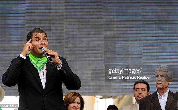 President of Ecuador Rafael Correa speaks during a gathering to celebrate three years of government on January 16, 2010 in Quito, Ecuador.