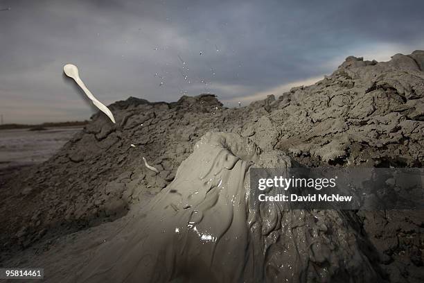 Mud flies as carbon dioxide gas from deep underground fissures escapes through geothermal mudpots, or mud volcanoes, over the southern San Andreas...