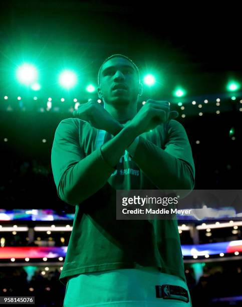Jayson Tatum of the Boston Celtics is seen during player introductions prior to Game One of the Eastern Conference Finals against the Cleveland...