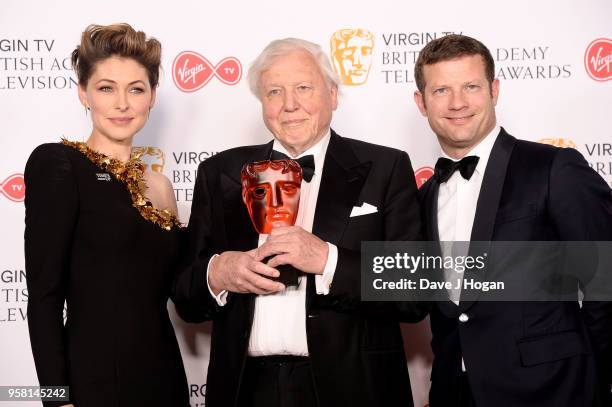 Presenters Emma Willis and Dermot O'Leary with Sir David Attenborough with the award for Virgin TV Must See Moment for 'Blue Planet II', pose in the...