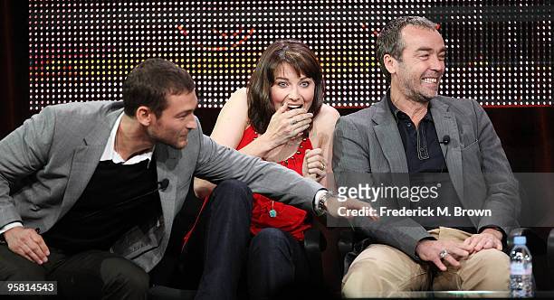 Actor Andy Whitfield, actress Lucy Lawless and actor John Hannah of the television show "Spartacus: Blood and Sand" speak during the Starz Network...