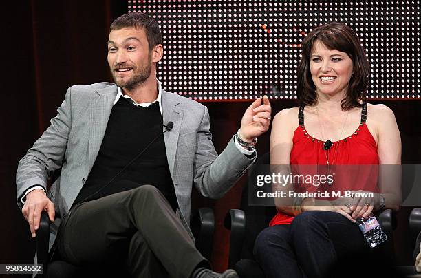 Actor Andy Whitfield and actress Lucy Lawless of the television show "Spartacus: Blood and Sand" speak during the Starz Network portion of The 2010...